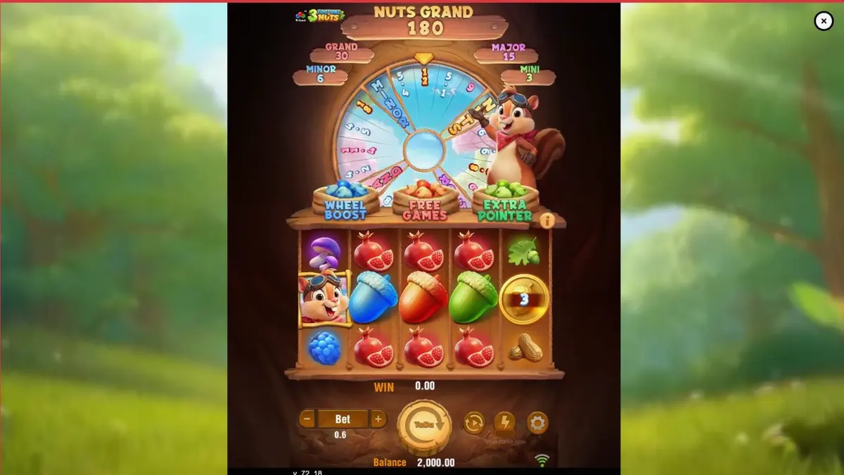 3 Fortune Nuts স্লট গেমের রঙিন উডল্যান্ড থিম এবং বোনাস হুইল ইন্টারফেস
